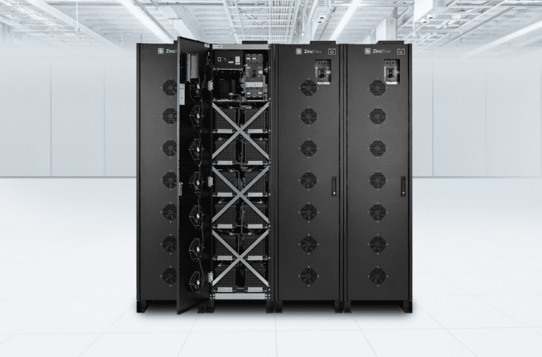 ZincFive BC 2 UPS Battery Cabinet with door open showcasing ZincFive's nickel-zinc batteries