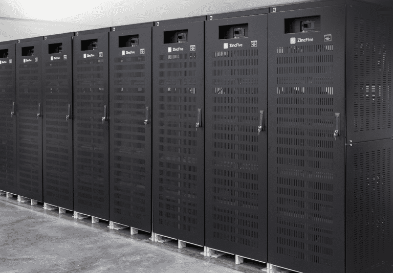 A row of ZincFive BC UPS Battery Cabinets